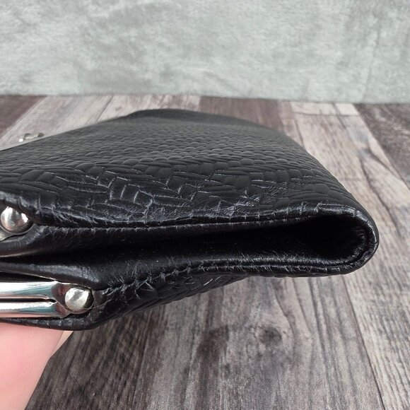 HOBO Lauren Wallet Clutch Embossed Black Leather Floral Lined Kiss Lock Fold New - Picture 11 of 14